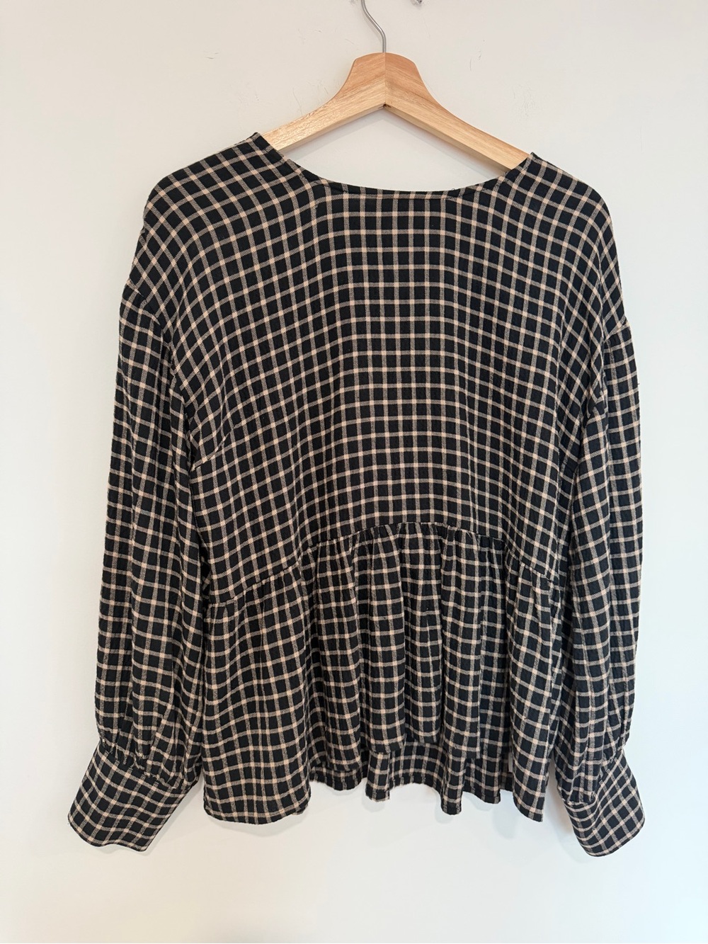 J. Crew Black and Cream Checked Peplum Blouse buttons up back size S oversized
